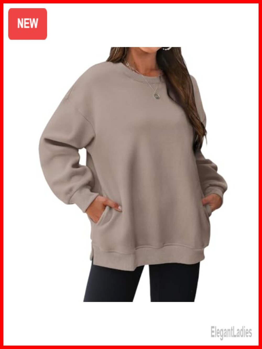 Womens Oversized Fleece Crewneck Sweatshirt with Side Pockets